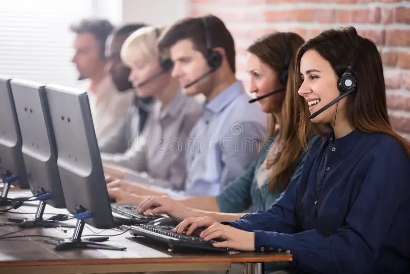 female customer services agent call center positive headset working 103306945